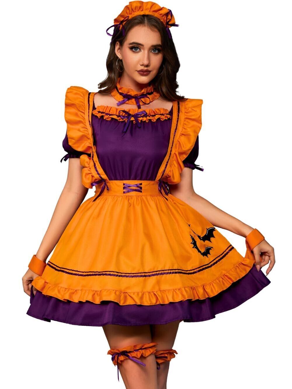 4573 French Maid Costume,Bats Bow Halloween Pumpkin Dress,8Pcs Sexy Cosplay
